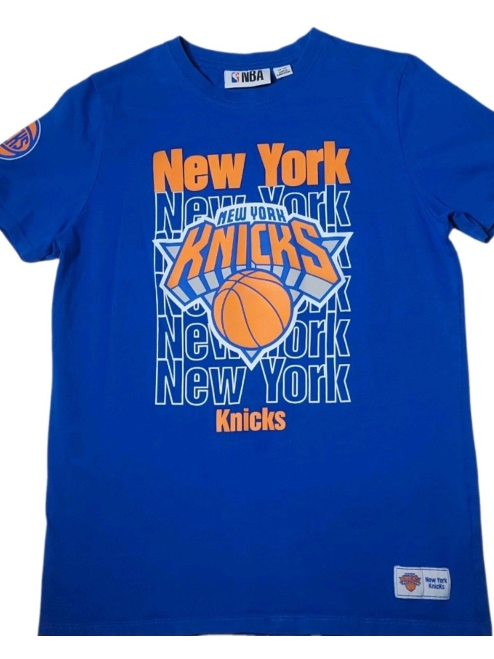 New York Knicks Stacked Text Logo NBA Official Basketball TShirt Youth 11-12